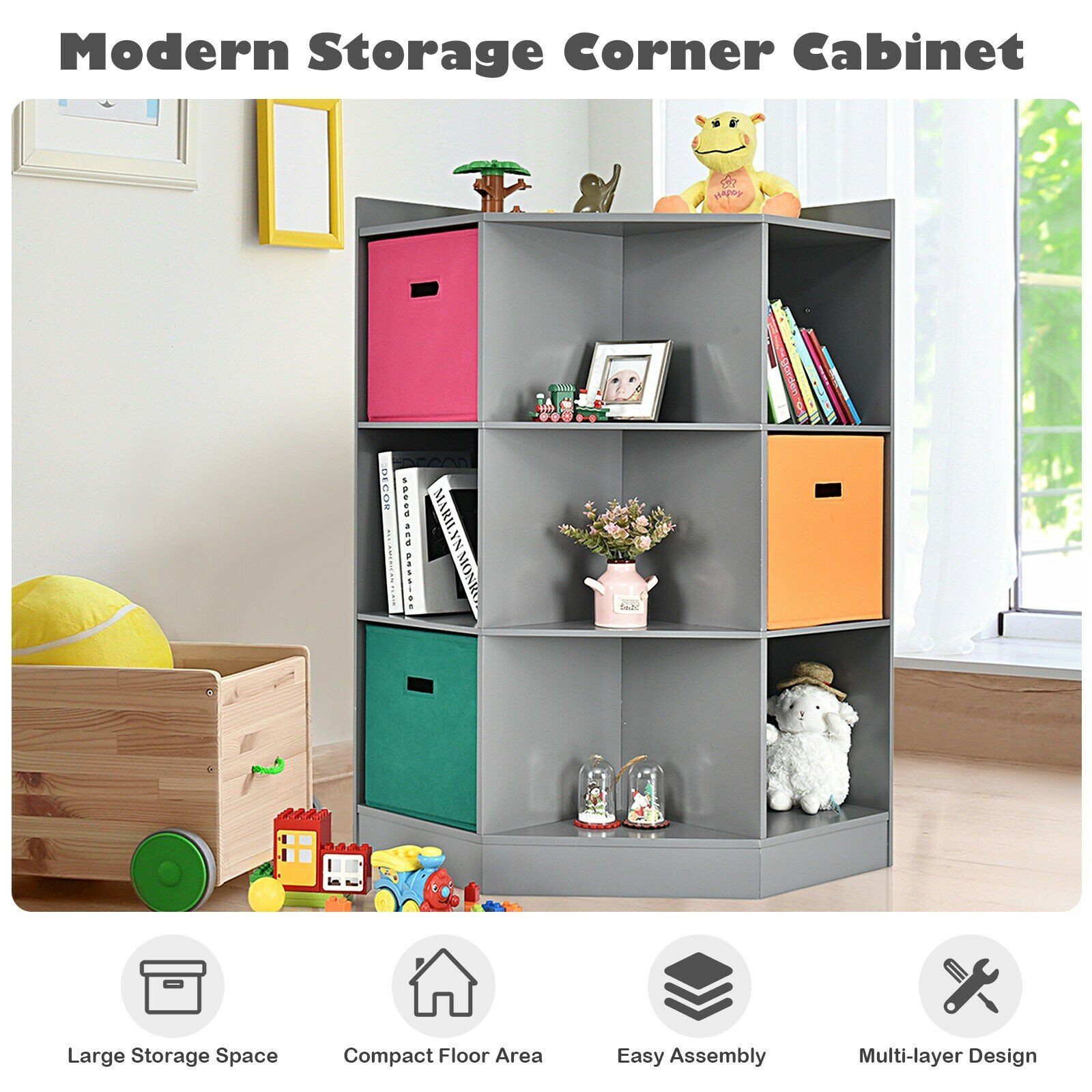 Costway 3-tier Kids Storage Shelf Cubes W/3 Baskets Corner Cabinet