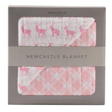 Load image into Gallery viewer, Pink Deer And Primrose Pink Plaid Cotton Muslin Newcastle Blanket
