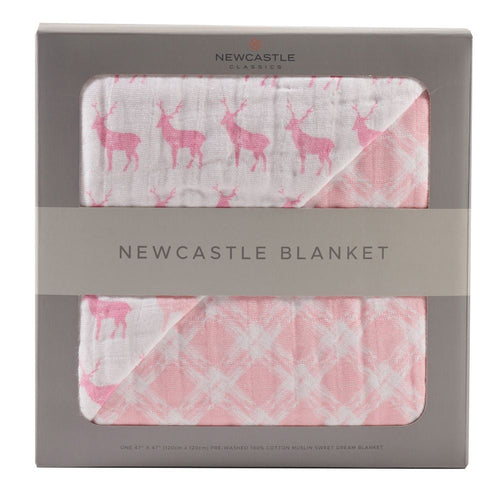 Pink Deer And Primrose Pink Plaid Cotton Muslin Newcastle Blanket
