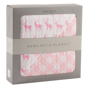 Pink Deer And Primrose Pink Plaid Cotton Muslin Newcastle Blanket
