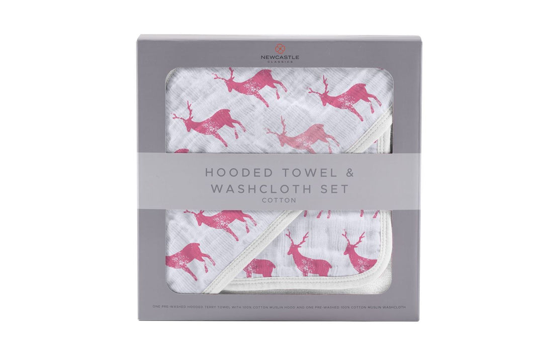 Pink Deer Cotton Hooded Towel And Washcloth Set