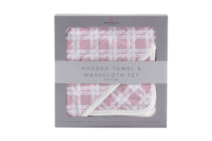 Pink Plaid Cotton Hooded Towel And Washcloth Set
