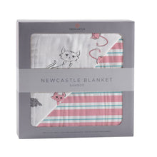 Load image into Gallery viewer, Playful Kitty And Candy Stripe Bamboo Muslin Newcastle Blanket