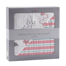 Load image into Gallery viewer, Playful Kitty And Candy Stripe Bamboo Muslin Newcastle Blanket