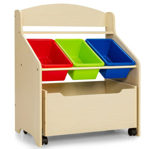 Rolling Toy Organizer And Plastic Bins - Natural