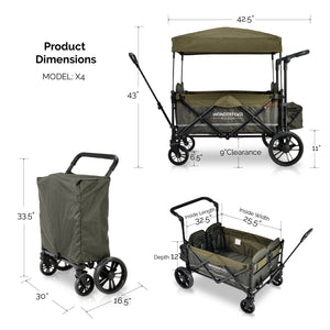 WonderFold X4 Woodland Green Pull & Push Quad Stroller Wagon With Automatic Magnetic Seatbelt Buckles (4 Seater)