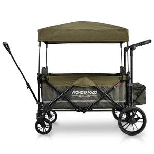 WonderFold X4 Woodland Green Pull & Push Quad Stroller Wagon With Automatic Magnetic Seatbelt Buckles (4 Seater)