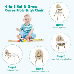 Wooden High Chair - 4-in-1 Convertible Wooden High Chair With Detachable Tray