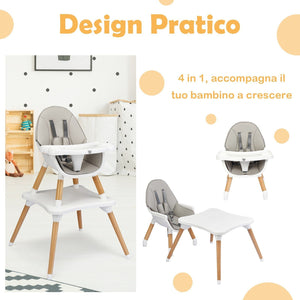 Wooden High Chair - 4-in-1 Convertible Wooden High Chair With Detachable Tray